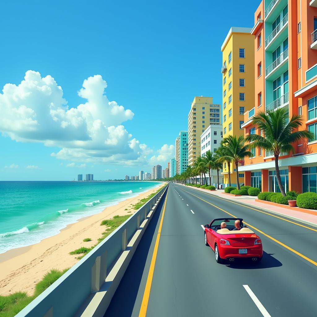 Car driving along scenic A1A highway towards Miami Beach