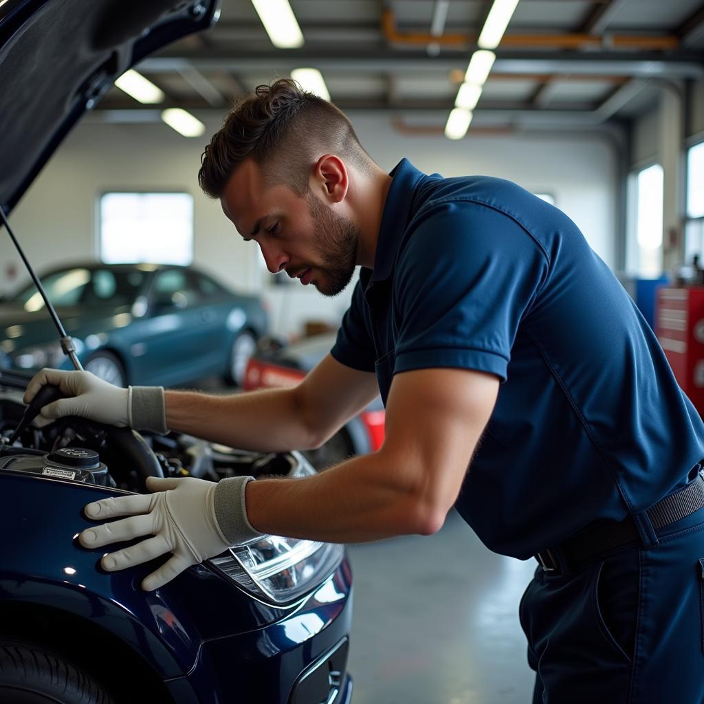 Mechanic inspecting a car in an Ashford garage