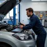 Mechanic checking a car engine in a service center near Indirapuram