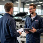 Customer asking questions at a car service center in Kallangur