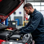 Mechanic Working on a Car in a Leigh Garage