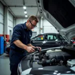 Mechanic inspecting a car in a London garage