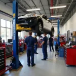 Car Service Malvern PA: A modern auto repair shop with mechanics working on a vehicle.