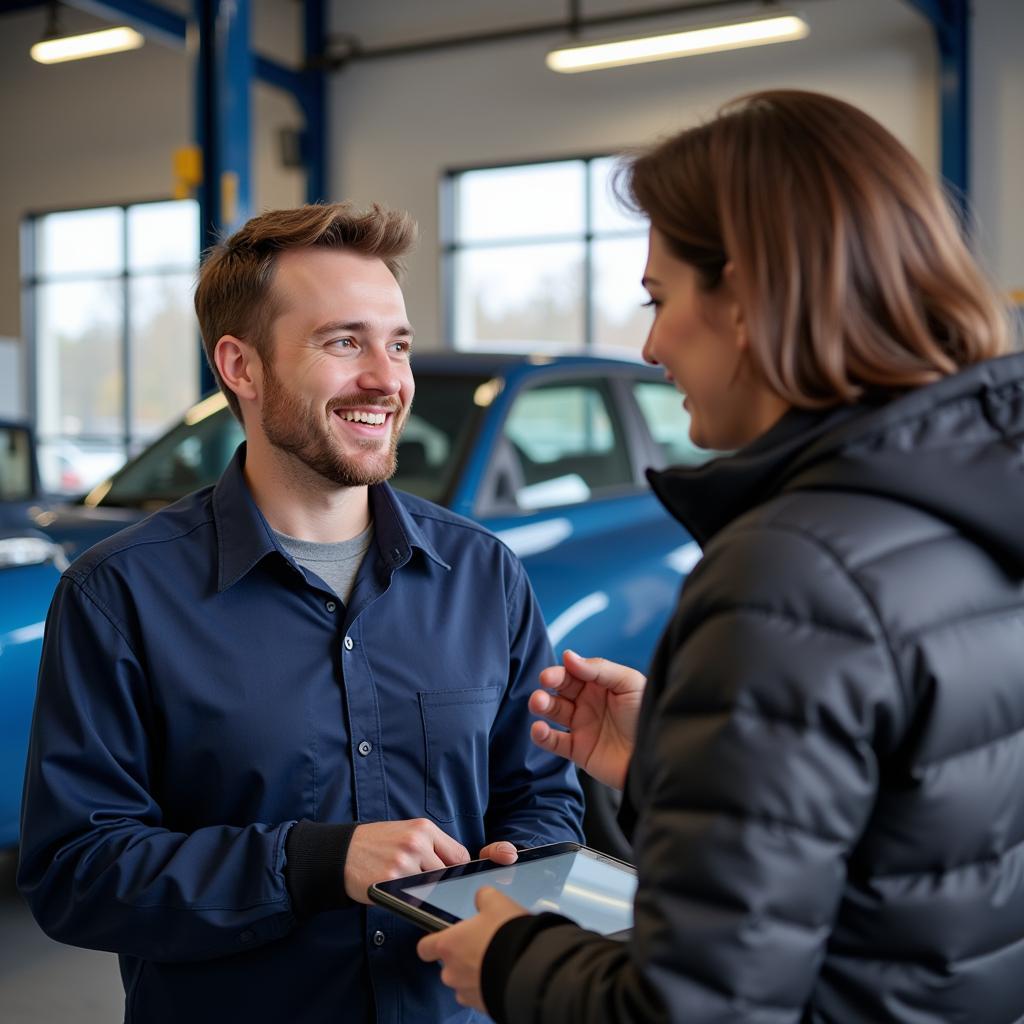 Car Service Malvern PA: A friendly service advisor discussing car maintenance with a customer.