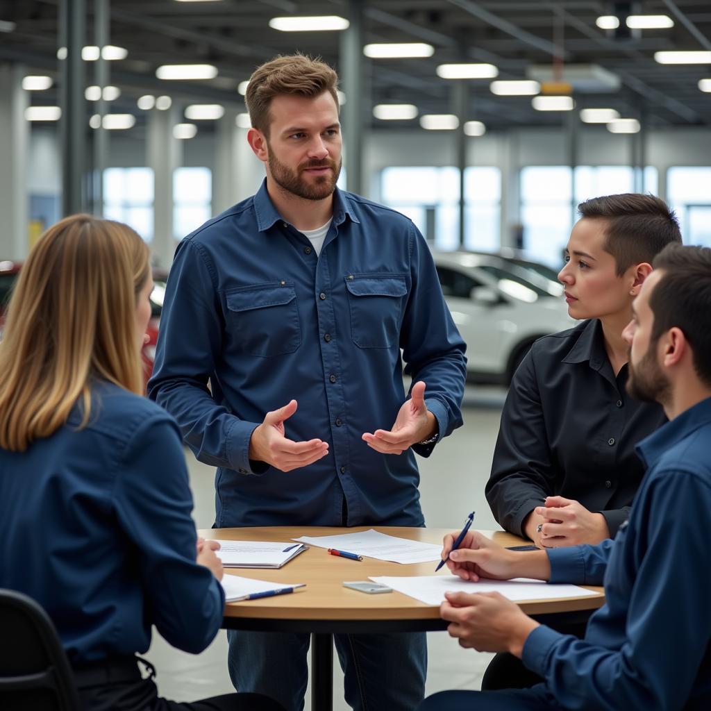 Car Service Manager Leading a Team Meeting