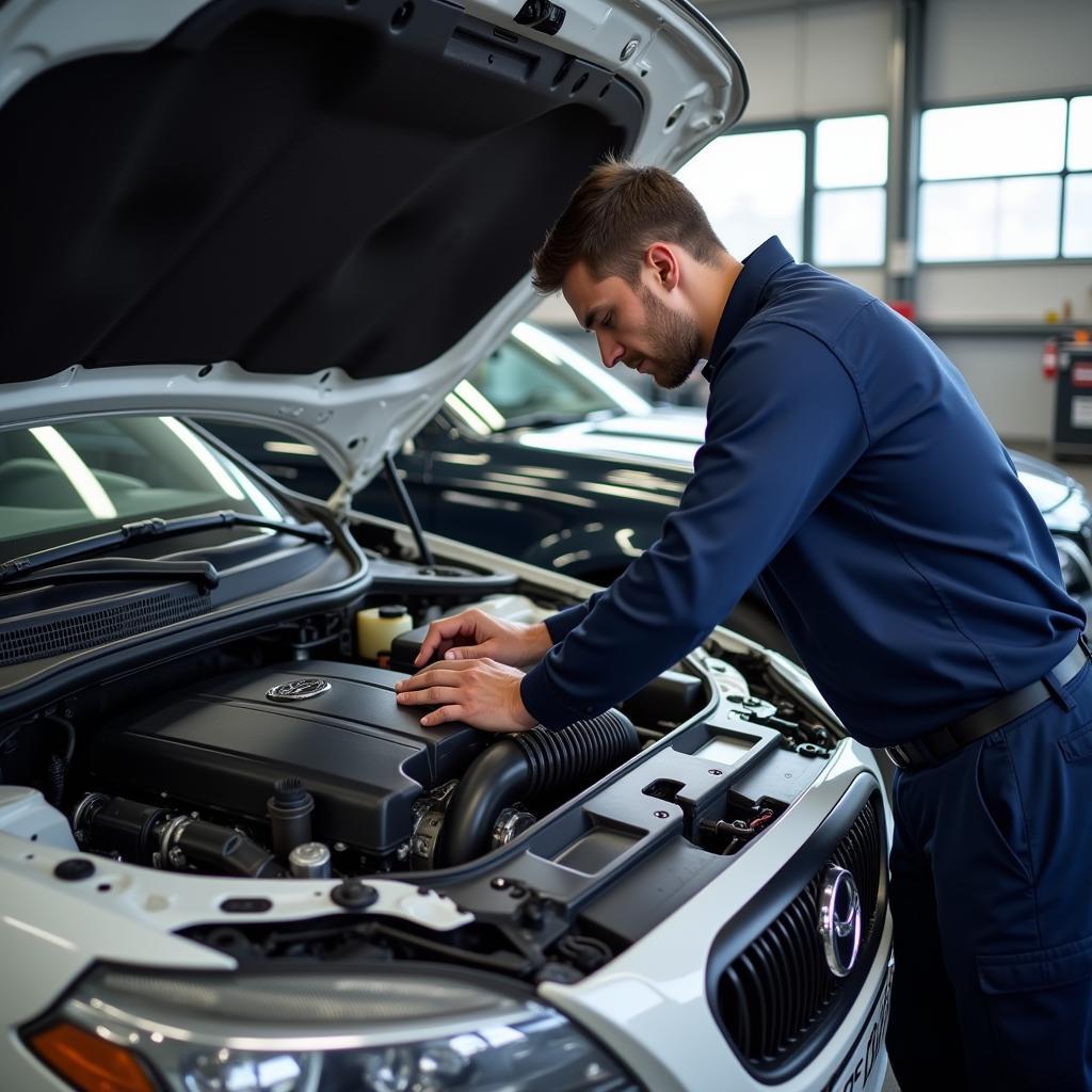 Mechanic checking car engine during a service appointment