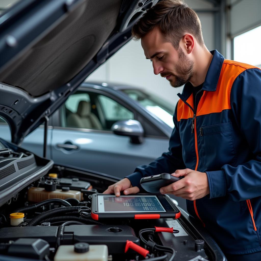 Mechanic using diagnostic tools on a car in Menston