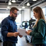 Customer consulting with a service advisor at a car service center in Milton Keynes