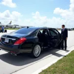 Luxury car service parked at Miami Airport, awaiting a client arriving from Naples, Florida.