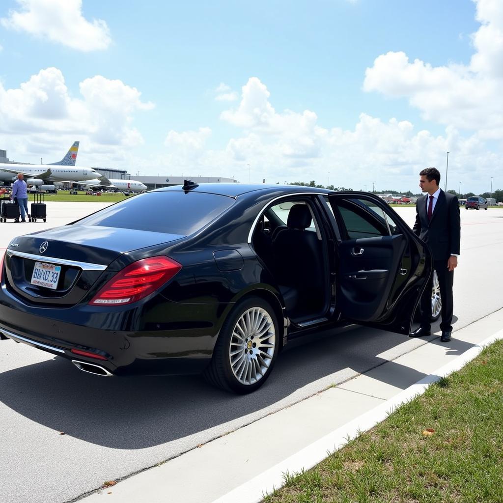 Luxury car service parked at Miami Airport, awaiting a client arriving from Naples, Florida.