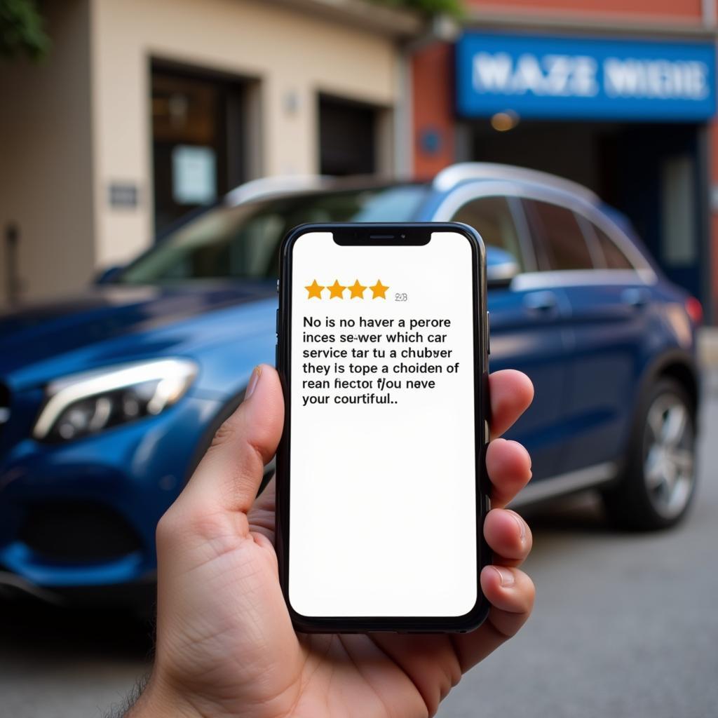 Customer leaving a positive review for a car service in Nice on their phone