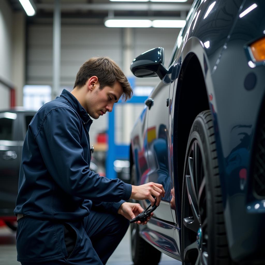 Car Service Technician Performing Vehicle Inspection in Northants