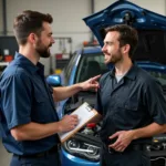 Customer discussing car issues with a mechanic in St Helens