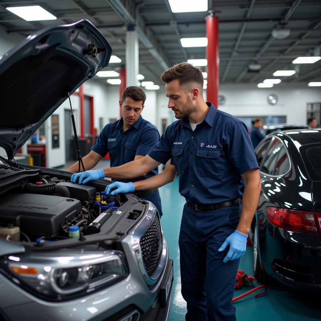 Car Service Technicians Working on a Vehicle