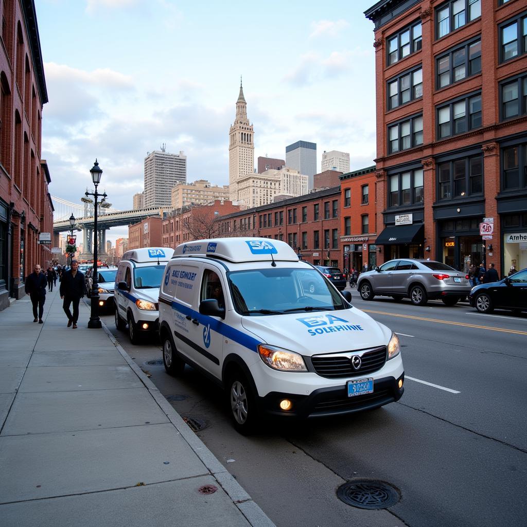 Car service vehicles parked on a bustling street in Williamsburg, Brooklyn, waiting for passengers.