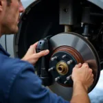 Technician Performing Brake Repair in a Workshop