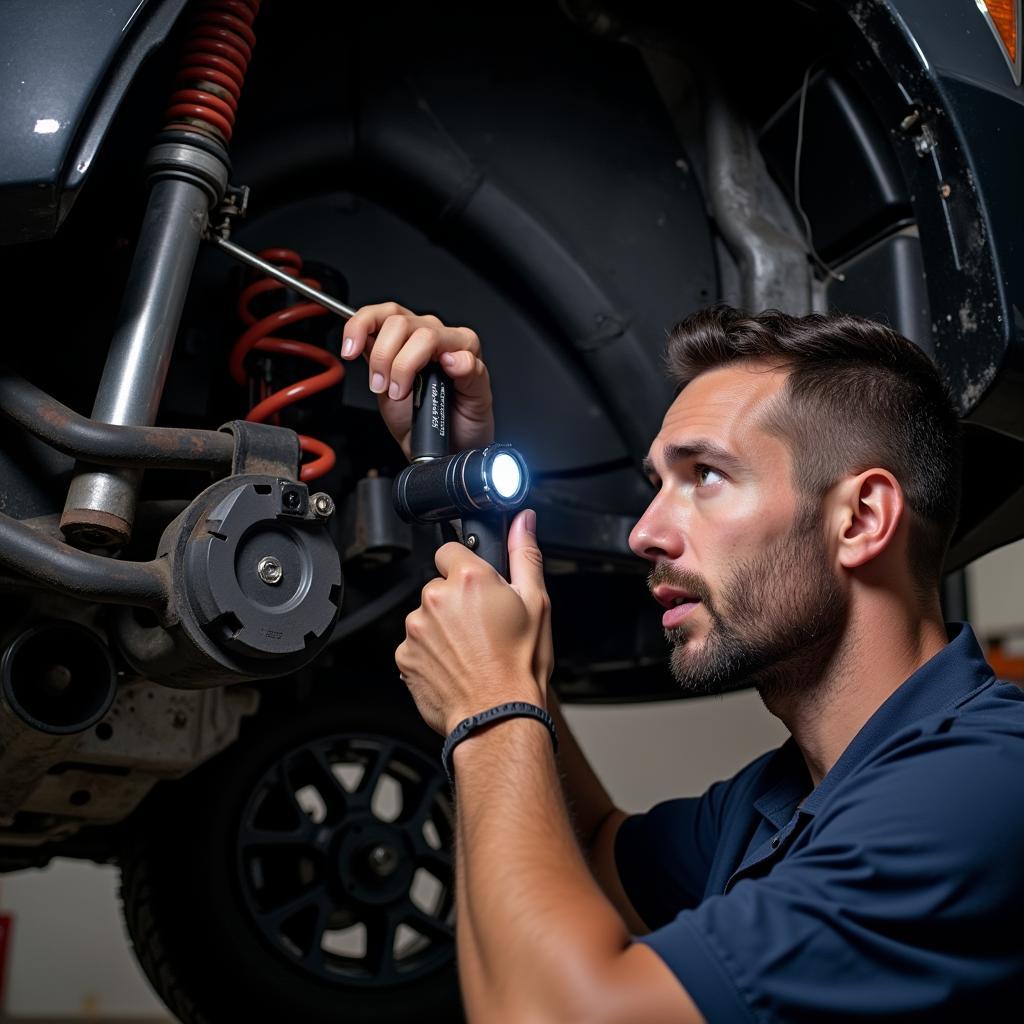 Mechanic Inspecting Car Suspension