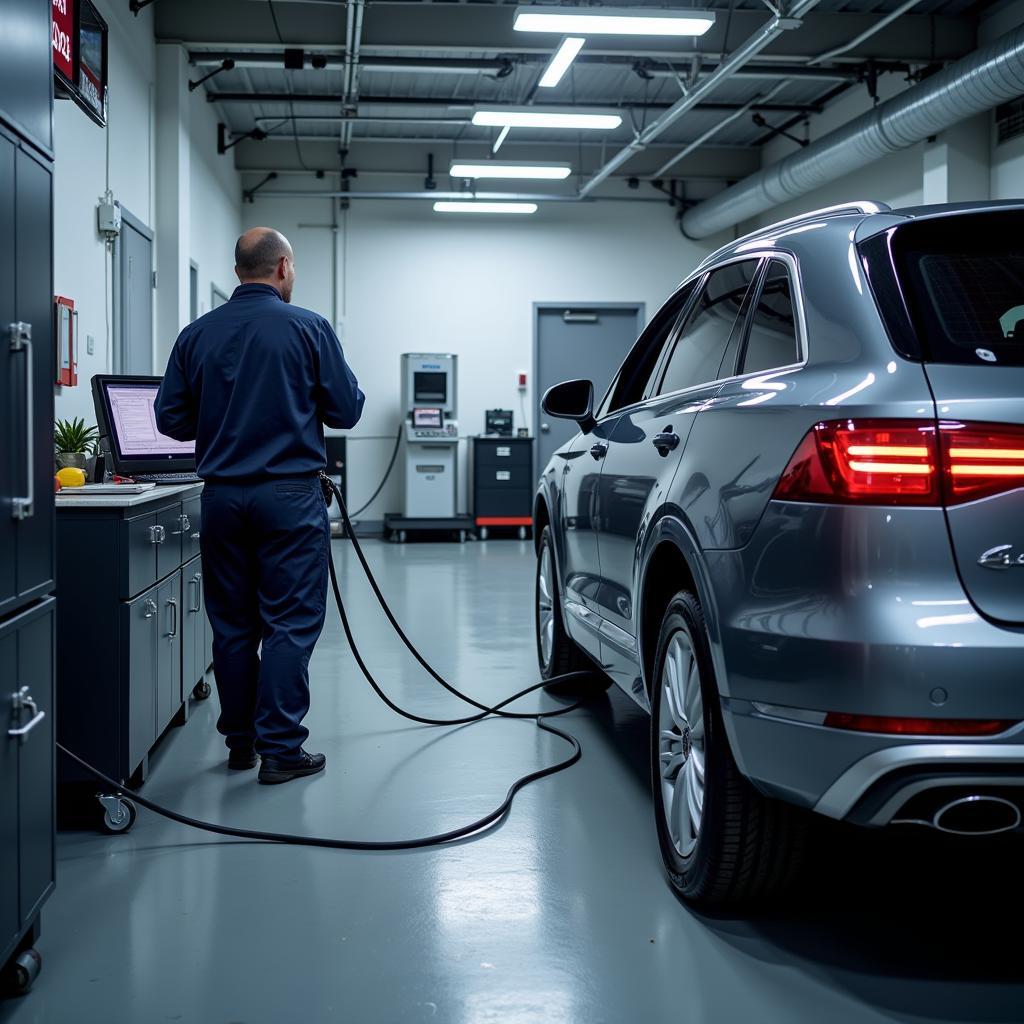 A car being diagnosed for problems in a service center.