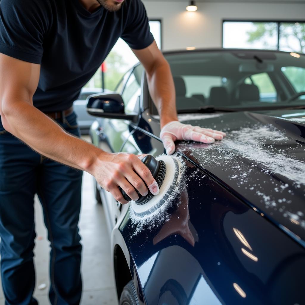 Car waxing at an all service car wash.