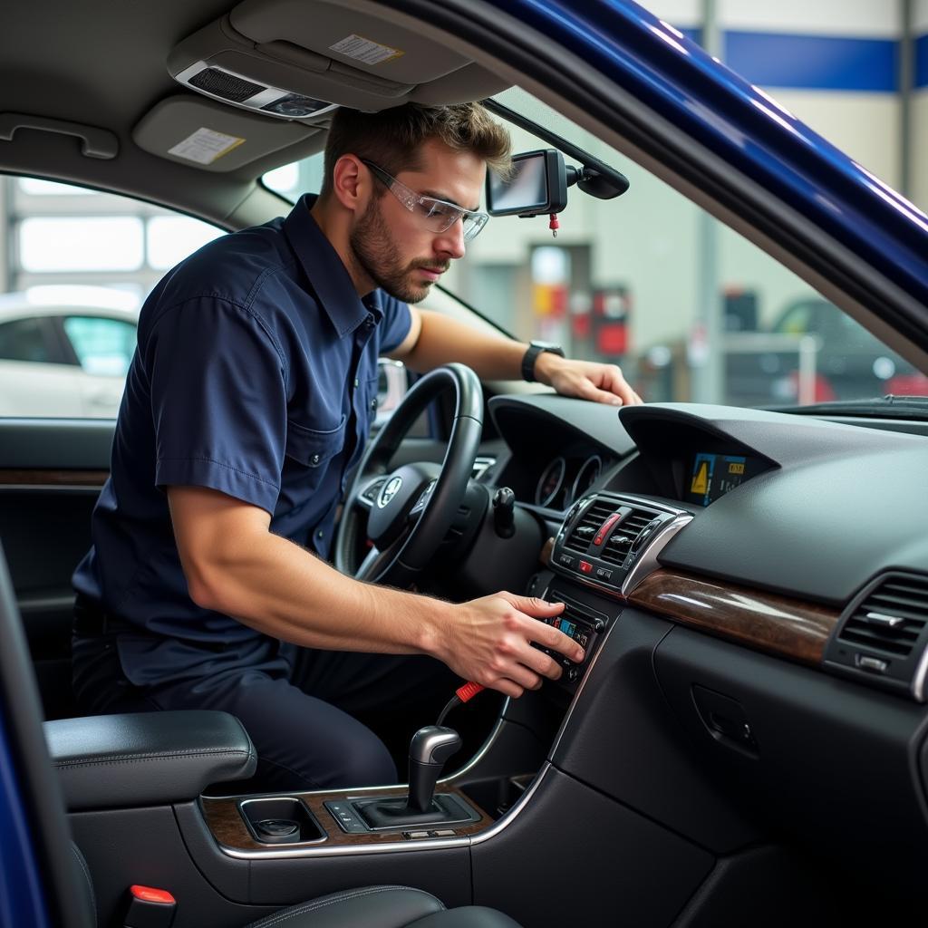 Certified Car AC Technician Performing Diagnostics