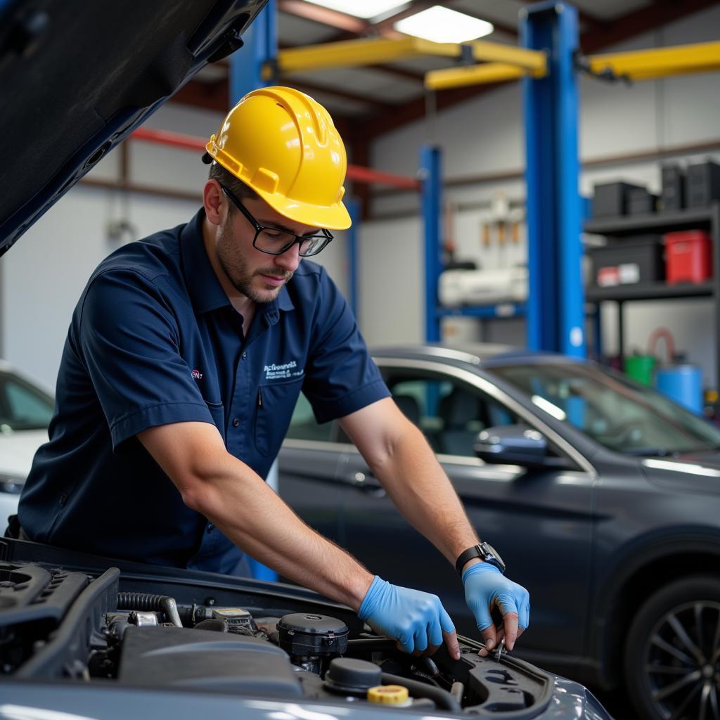 Certified Car Mechanic Working on Vehicle