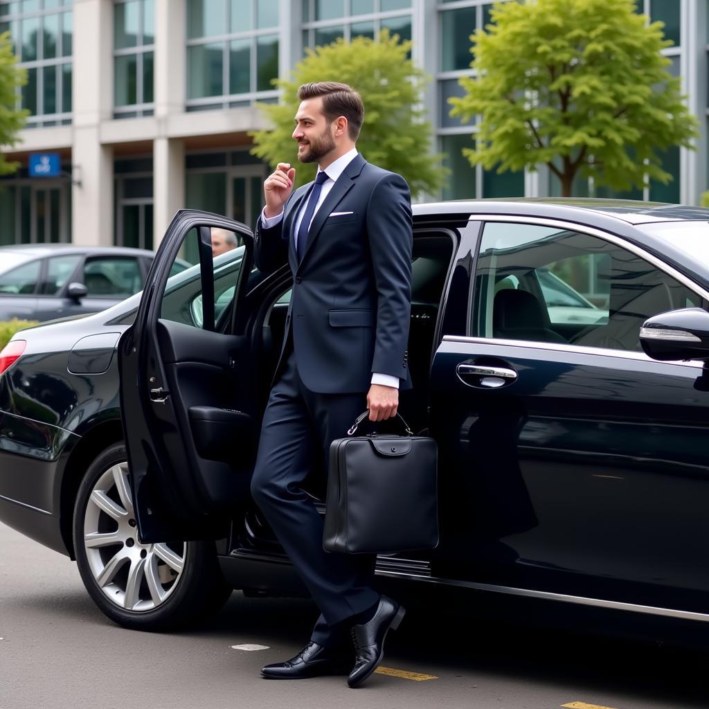 Chauffeur waiting outside car at London Heathrow