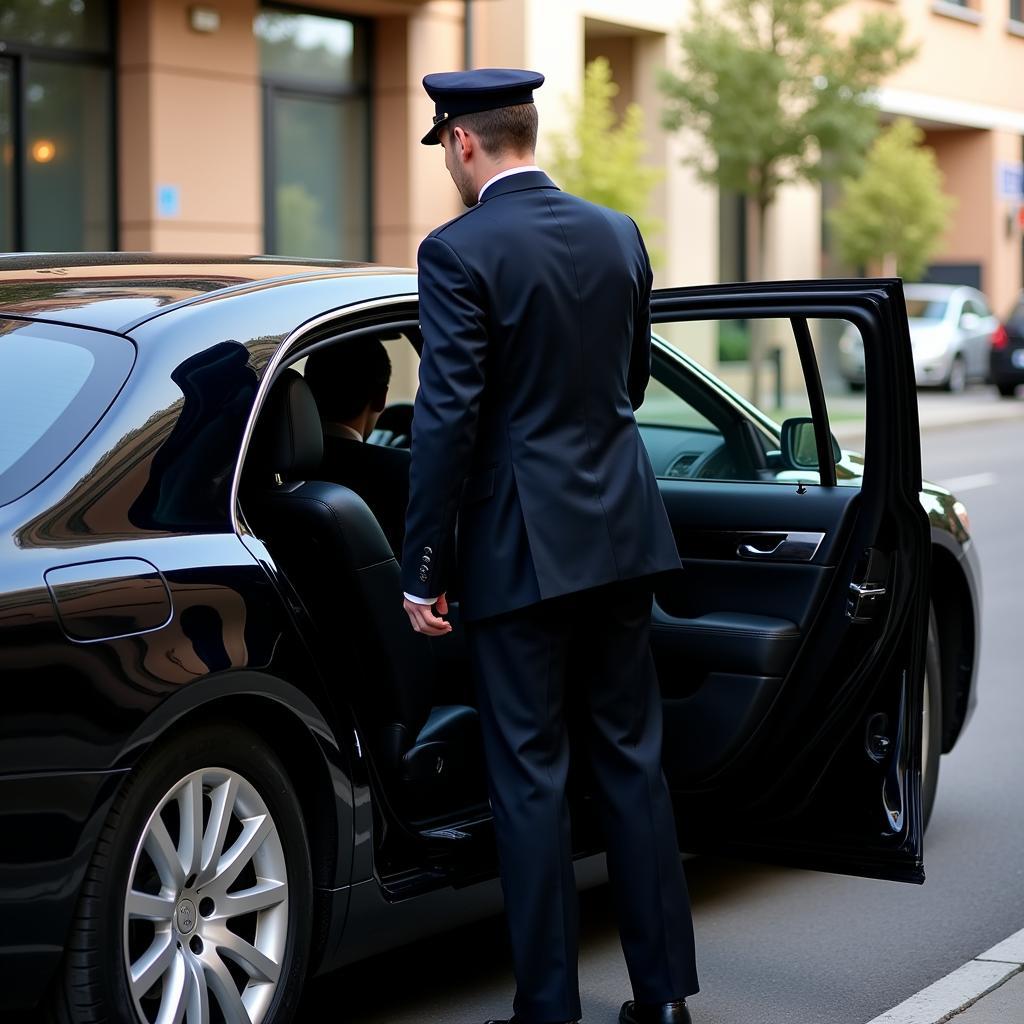 Chauffeur assisting a passenger into a blue line executive car.