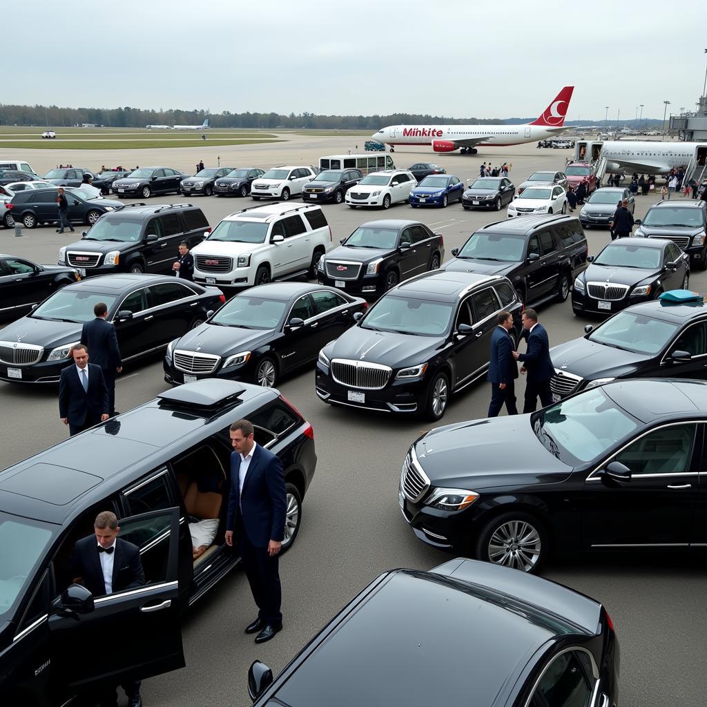 Chicago O'Hare Car Service Options: Various vehicles lined up at the airport, ready to pick up passengers.