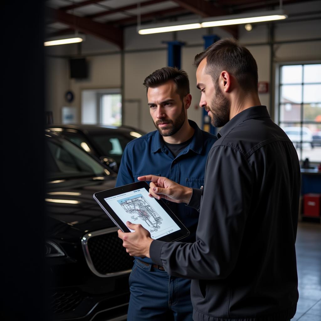 Customer discussing car repair options with a mechanic in a service center near Indirapuram