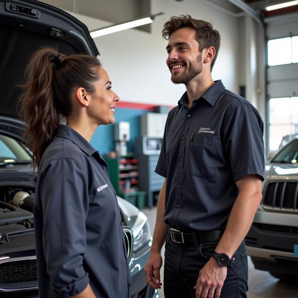 Customer talking to a mechanic in a Bridgend garage