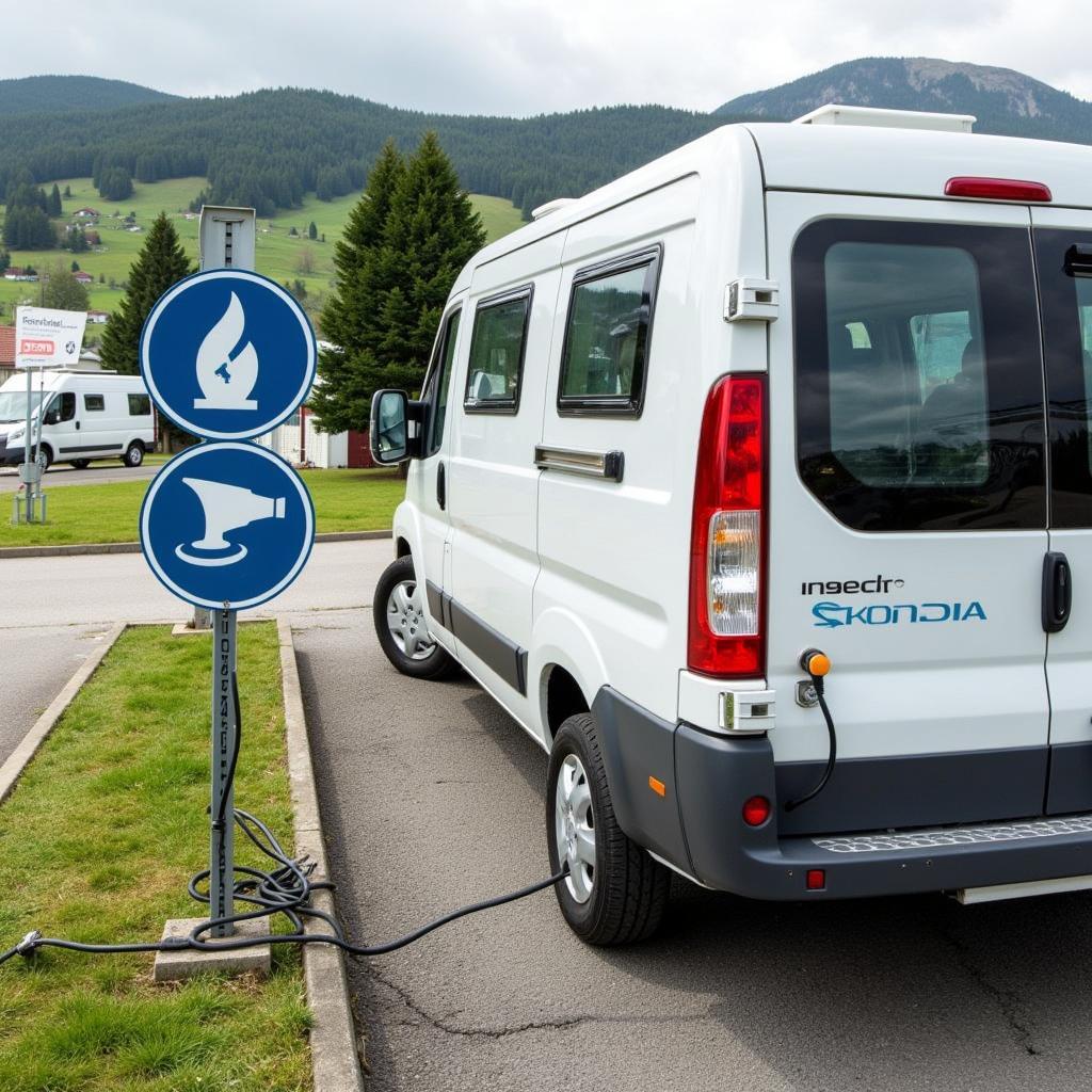 A campervan parked at an aire de service in Colmar with all necessary hookups.