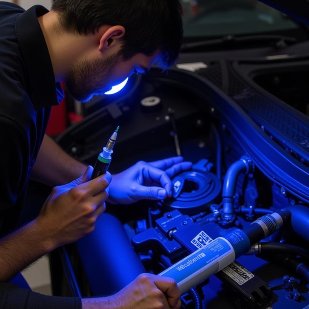 Mechanic detecting a leak in a car's AC system using a UV dye and light.