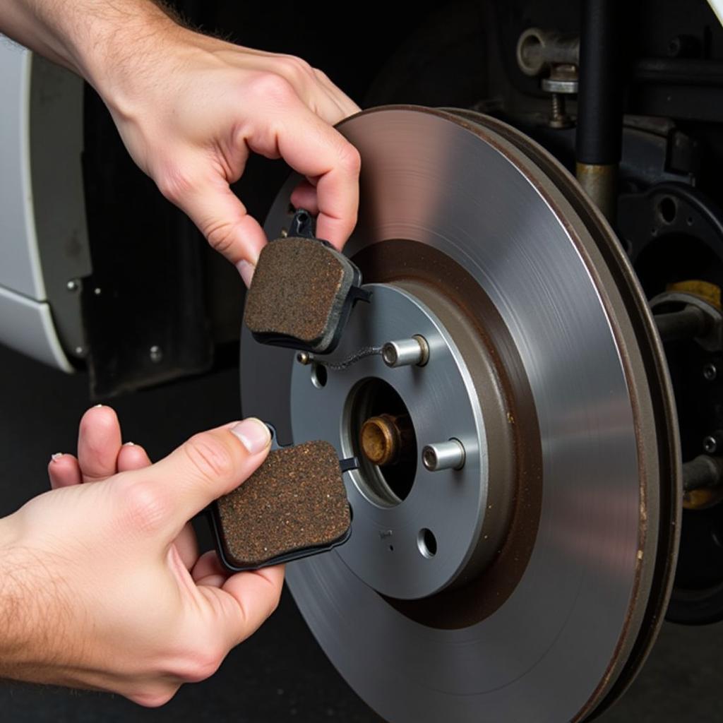 Close-up of worn brake pads being replaced in a car service near Indirapuram