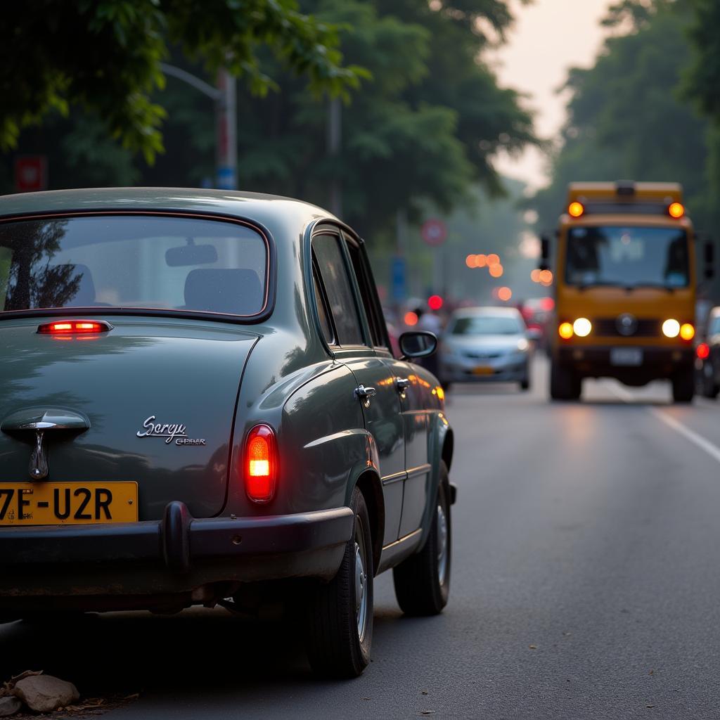 Car broken down on the side of a busy road in Kolkata