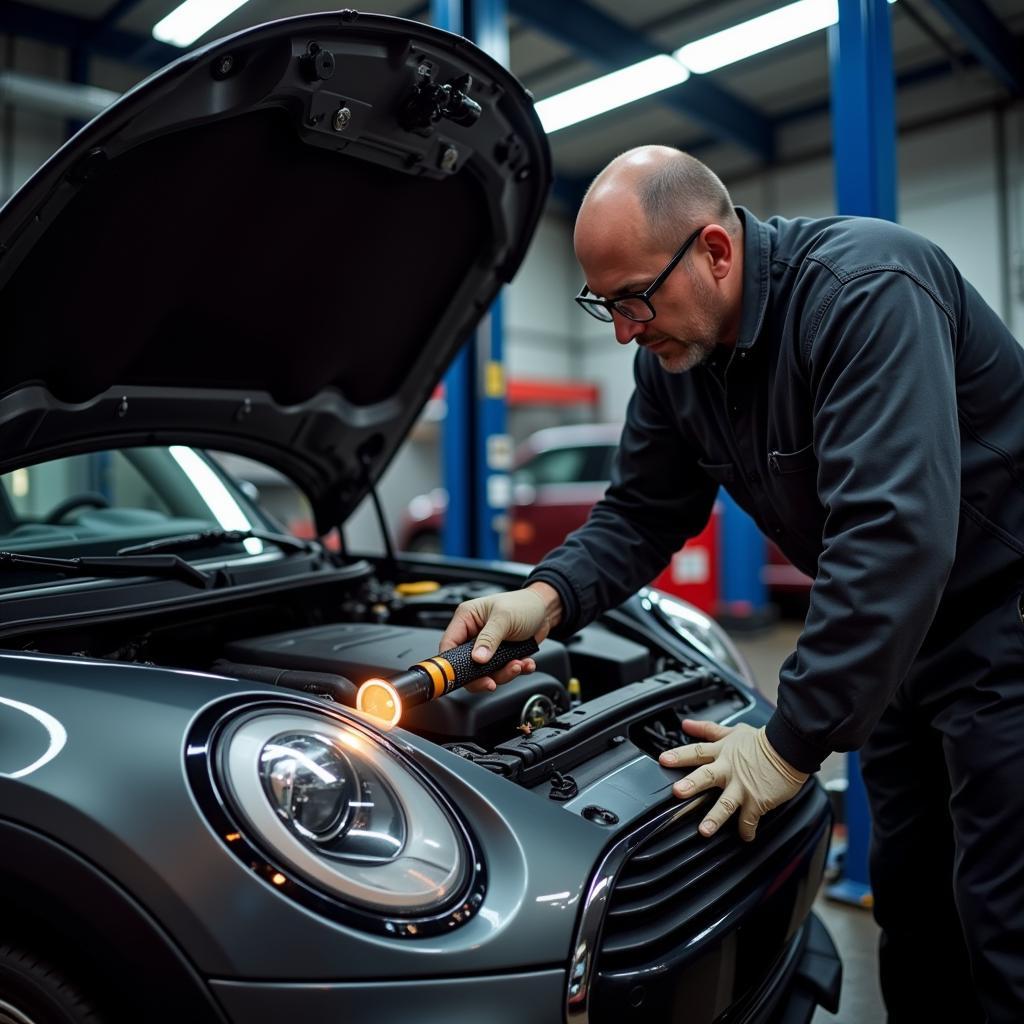 Mechanic inspecting the engine bay of a Mini Cooper for common issues.