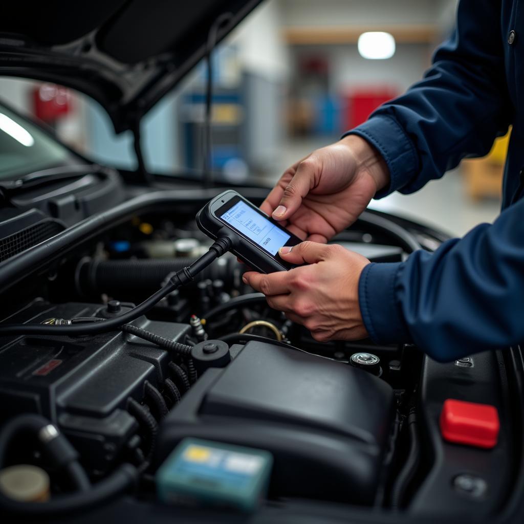 Mechanic performing diagnostics on a car engine