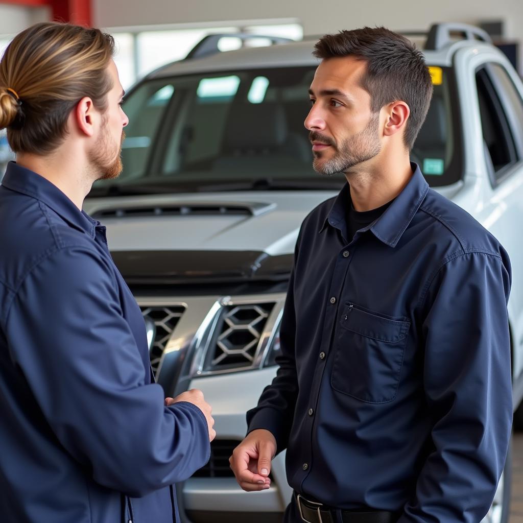 Customer Discussing Car Issue with Mobile Mechanic