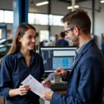 Customer talking to a mechanic in a Greek car service center