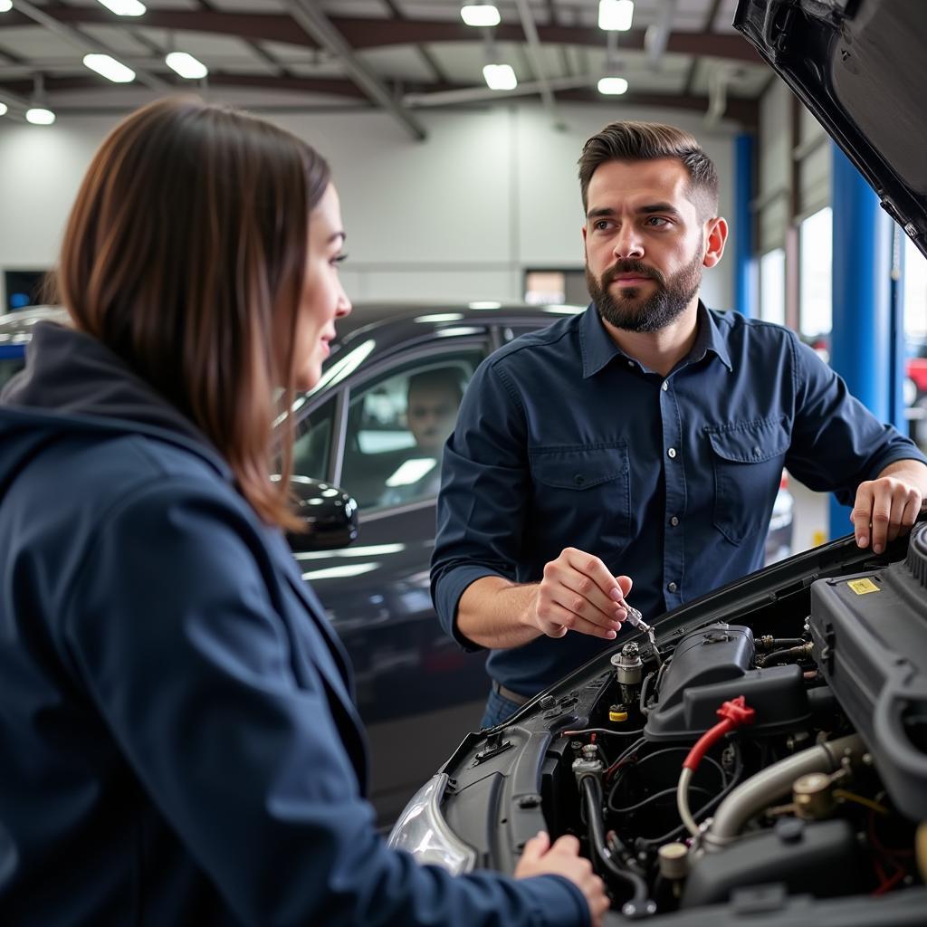 Customer Talking to Mechanic About Car Parts