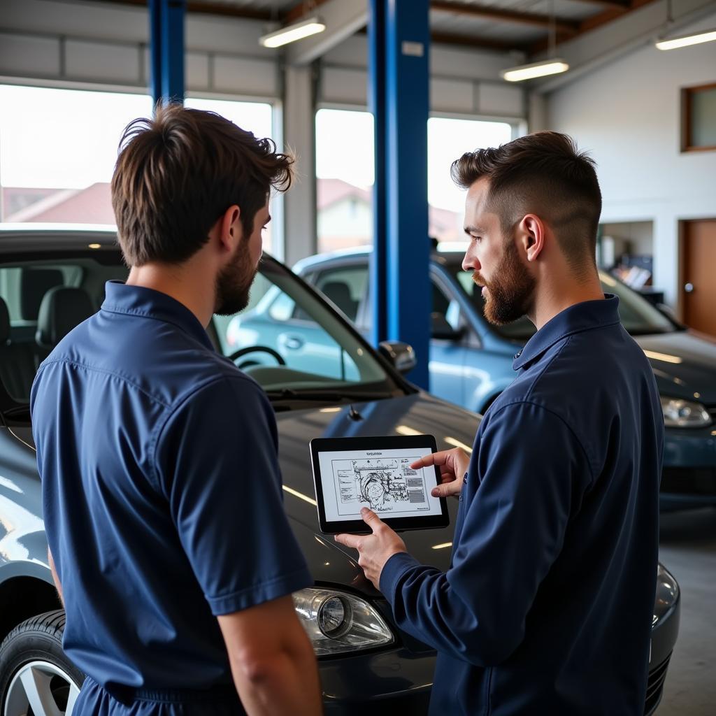 Customer discussing car repairs with a mechanic in Bristol, CT