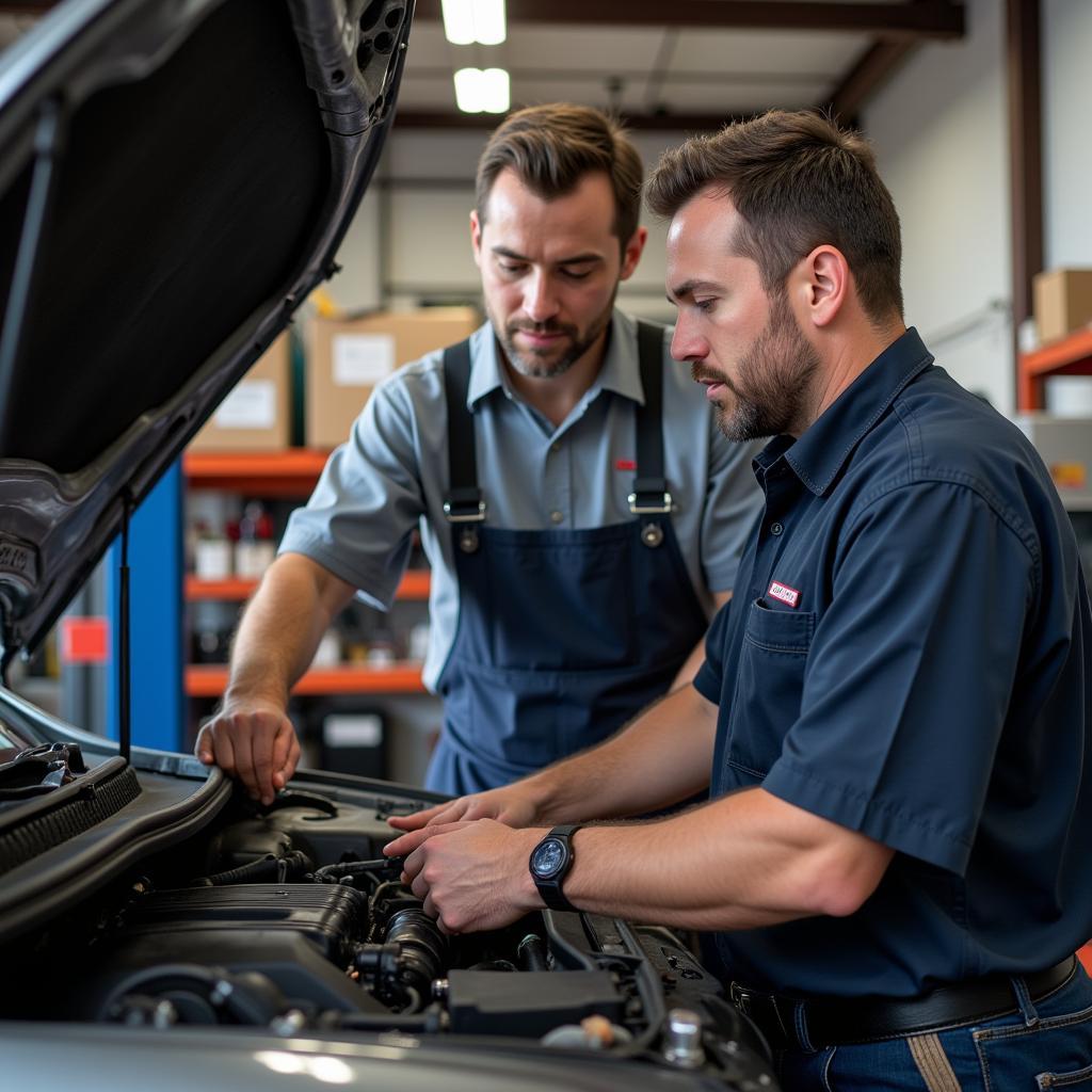 Customer discussing car repair with mechanic