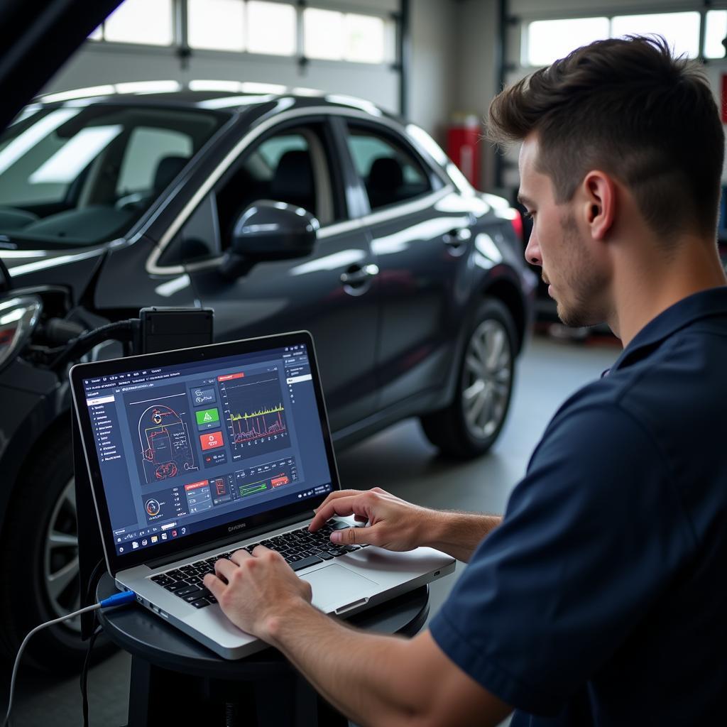 Modern diagnostic equipment being used in a Dallas car service center