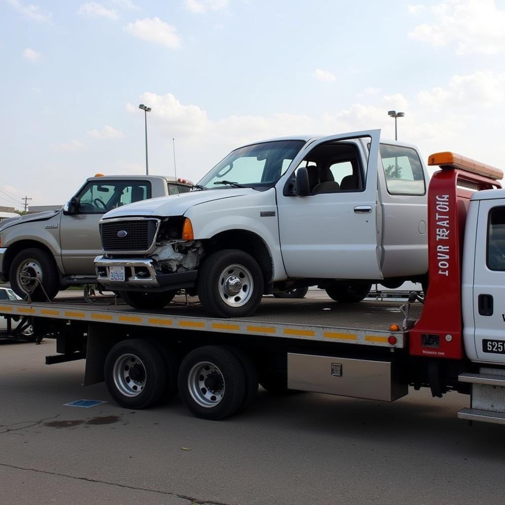 Damaged car loaded onto tow truck after an accident.