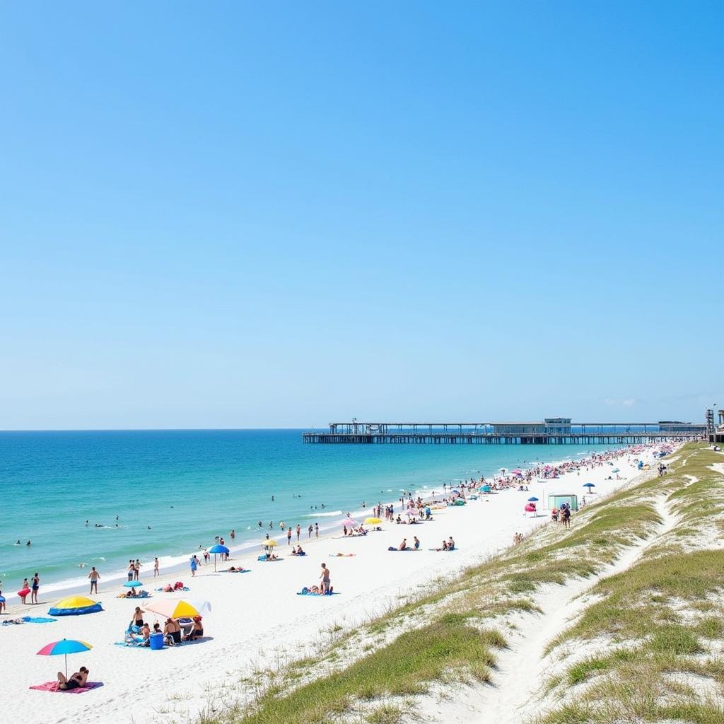 Scenic view of the Daytona Beach oceanfront with beachgoers and clear blue skies.