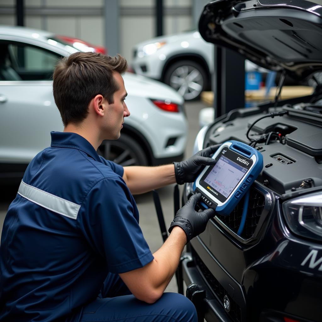 Dealer Mechanic Working on a Car