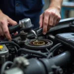 Mechanic performing routine maintenance on a car in Denton