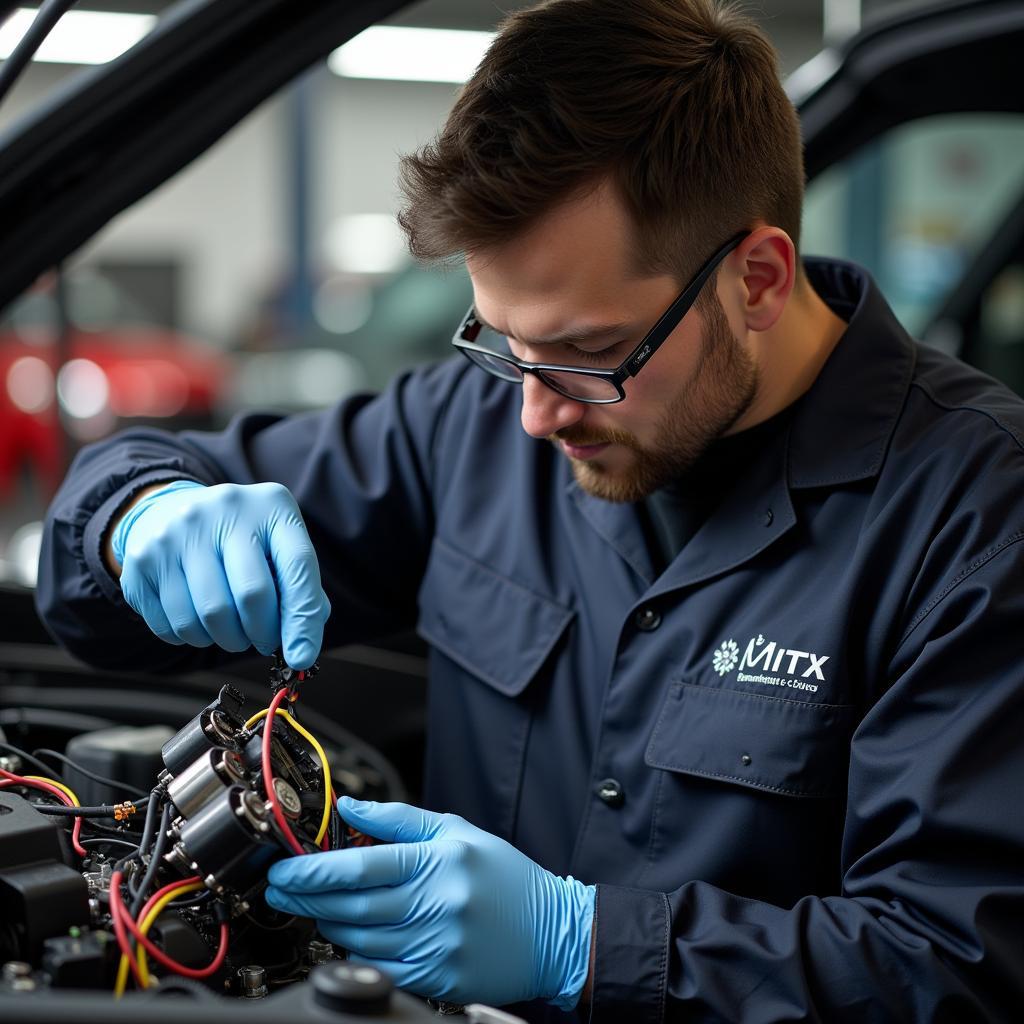 Specialist working on a car's electrical system in a Denton car service center