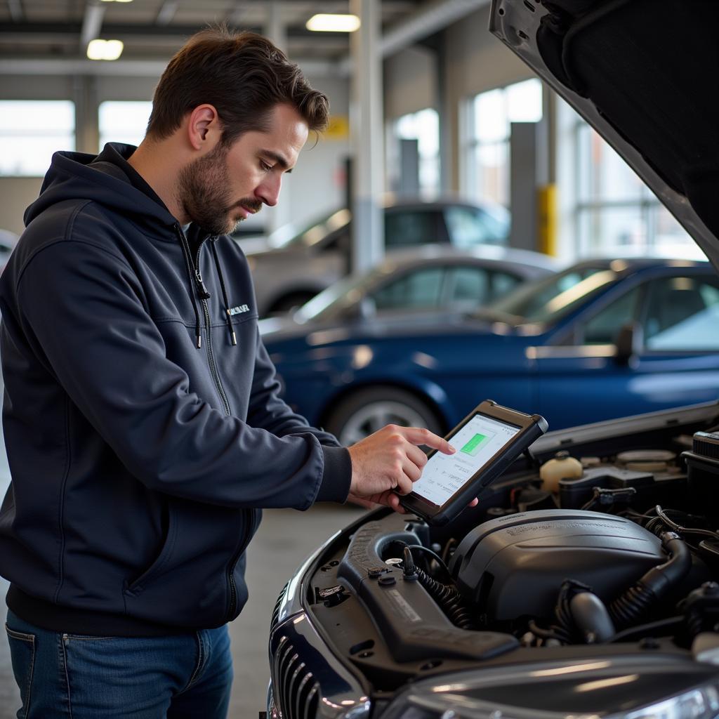 Denver Car Service Mechanic: A qualified mechanic performing diagnostics on a vehicle.