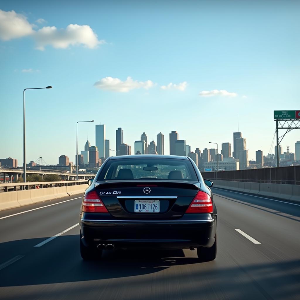 DTW Car Service to Downtown Detroit: A car driving on a highway towards the Detroit skyline.