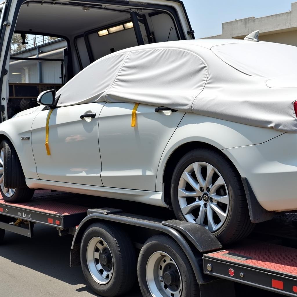 Car secured on a transporter in Dubai